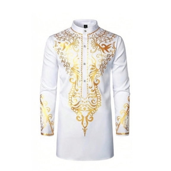 Hpapadks Men Shirt Long Sleeve African Hot Gold Print Button Down Blouses Mens Dress Shirt White S