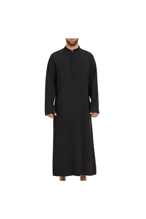 Men Shirt Long Sleeve Loose Stand Crew Neck Hui Abaya Arab Middle Loose Men Dress Shirt Black XL