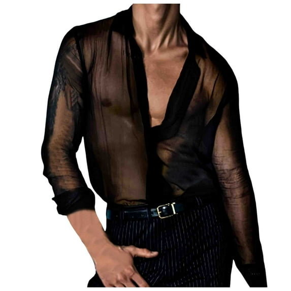 Hpapadks Men Shirt Thin See Through Long Sleeve Lapel Buttons Blouses Breathable Nightclub Performance Loose Mens Dress Shirt Black L