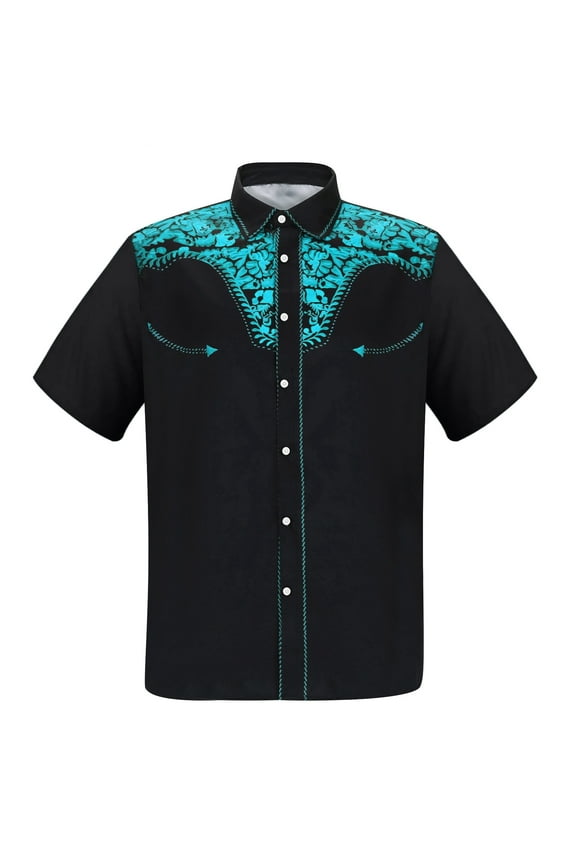 Men Shirt Western Cowboy 3D Print Short Sleeve Button Down Lapel Business Blouses Loose Mens Dress Shirt Blue XXXL