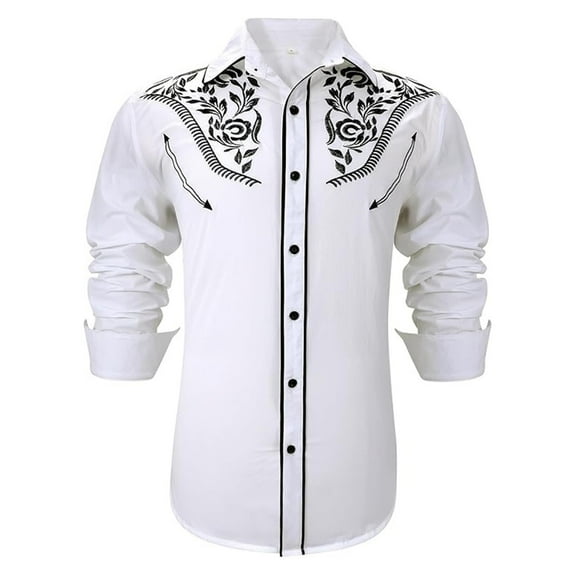 Hpapadks Men Shirt Western Cowboy Embroidered Long Sleeve Button Down Lapel Business Blouses Slim Fit Mens Dress Shirt White XL