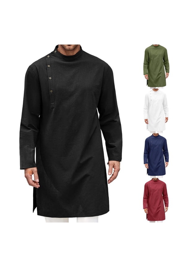 Men Shirts Long Sleeve Casual Loose Fit Solid Breathable Spring Summer Daily Wear Thobe Hawaiian Shirt for Men Black L