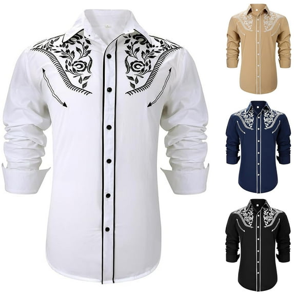Men Shirts Western Cowboy Embroidered Long Sleeve Button Down Lapel Business Blouses Casual Slim Fit Hawaiian Shirt for Men White XXXL
