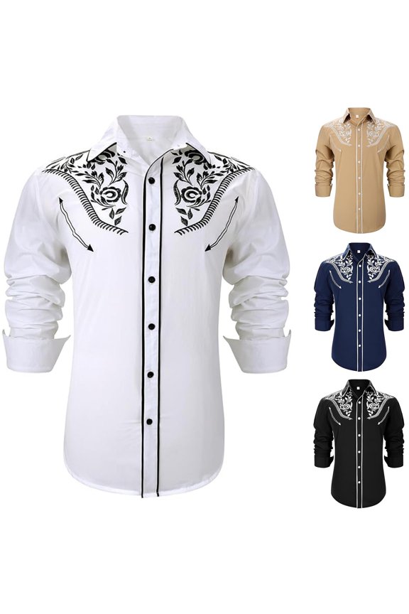 Men Shirts Western Cowboy Embroidered Long Sleeve Button Down Lapel Business Blouses Casual Slim Fit Mens Hawaiian Shirt Black XXL