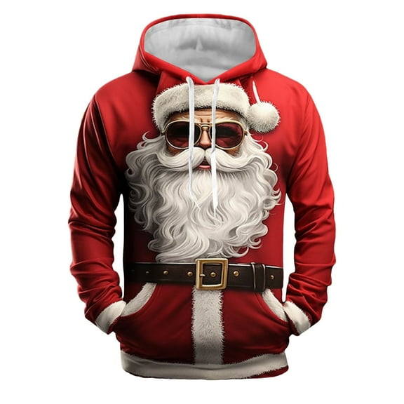 Hpapadks Men's Hoodies Christmas Cartoon 3D Santa Print Hoodies Pullover with Front Pocket Holiday Party Drawstring Hooded Men's Sweatshirts