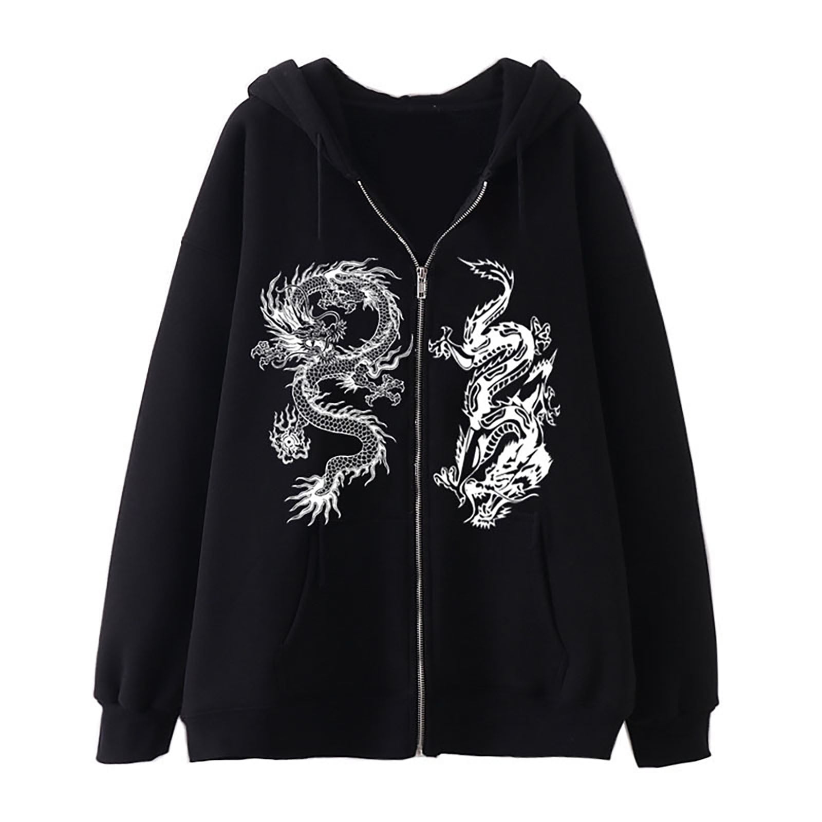 Hpapadks Men's Hoodies Oversized Full Zip Hoodies Pullover with Chinese Dragon Print Gothic Graphic Hooded Jacket Mens Sweatshirts