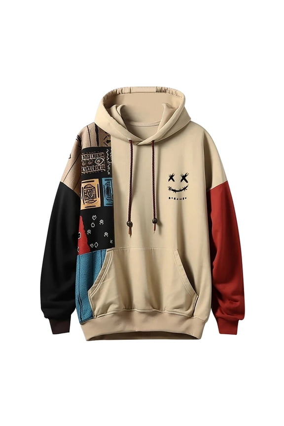 Men's Hoodies Vintage Patchwork Hoodies Pullover with Front Pocket Long Sleeve Drawstring Hooded Men's Sweatshirts