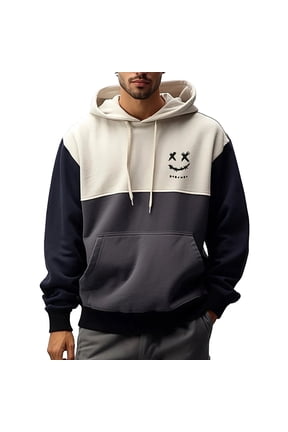 Men's Hoodies Vintage Patchwork Hoodies Pullover with Front Pocket Long Sleeve Drawstring Hooded Sweatshirts for Men