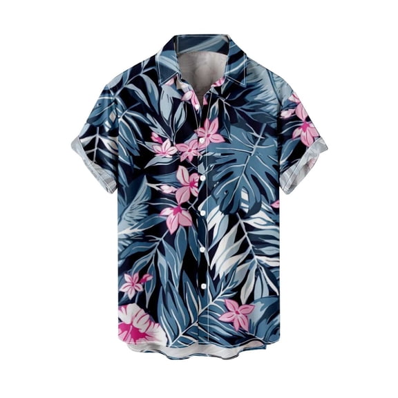Hpapadks Men's Shirts Beach Trend Leisure 3D Digital Print Blouses Short Sleeve Lapel Button Down Men Dress Shirt Navy XS