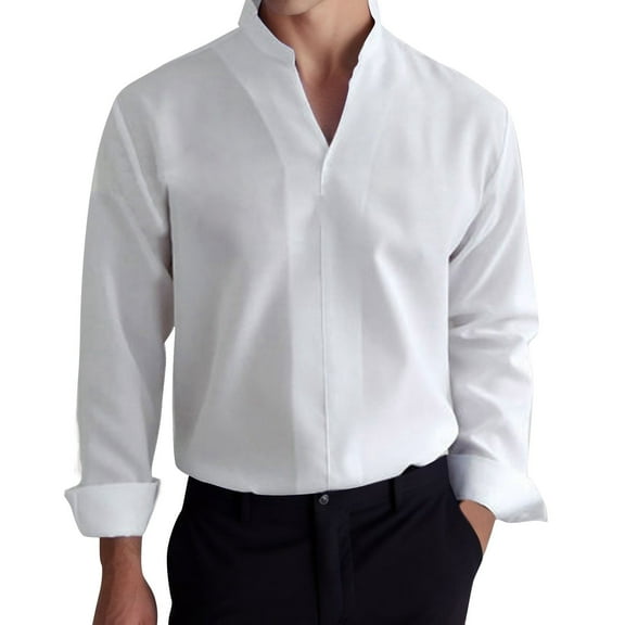 Hpapadks Men's Shirts Business Solid Lapel Button Down Blouses Long Sleeve Tops Mens Dress Shirt White M