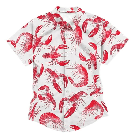 Hpapadks Men's Shirts Casual Lobster Lobster Print Short Sleeve Button Down Lapel Blouses Outdoor Loose Men Dress Shirt Red L