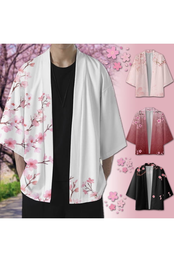 Men's Shirts Cherry Flower Kimono Half Sleeve Blouses Elegant Loose Soft Cardigan Mens Hawaiian Shirt Black M