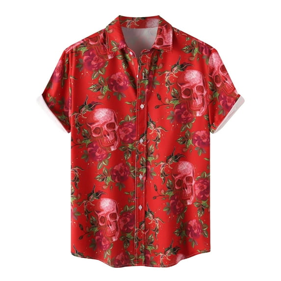 Hpapadks Men's Shirts Halloween Short Sleeve Floral Print Tops Lapel Button Down Multicolor Blouses Dress Shirts for Men Red XXXL
