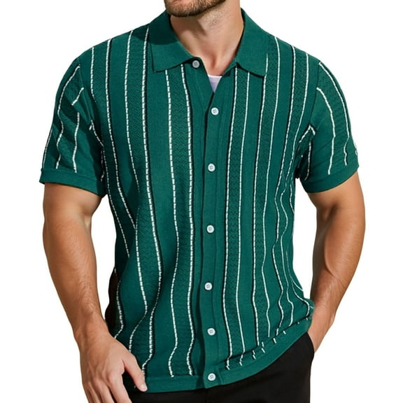 Hpapadks Men's Shirts Short Sleeve Striped Button Down Lapel Blouses Stylish Lightweight Mens Dress Shirt Green L