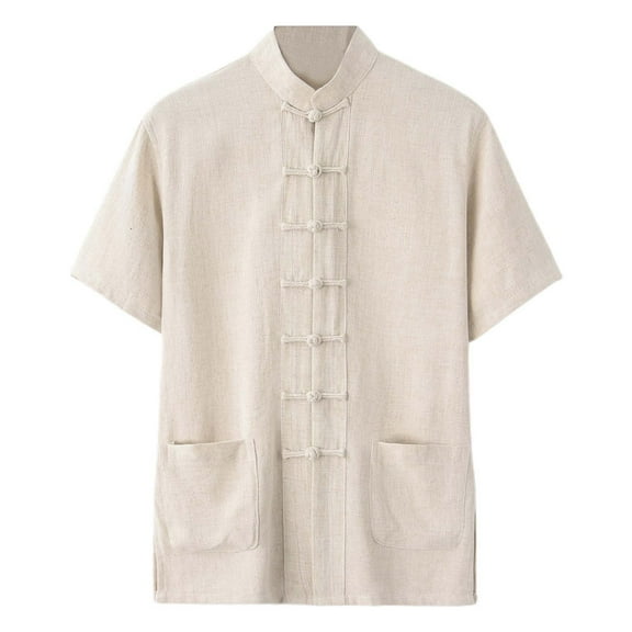 Hpapadks Men's Shirts Solid Short Sleeve Chinese Classical Style Lapel Tai Chi Buckle Blouses Dress Shirts for Men Beige L
