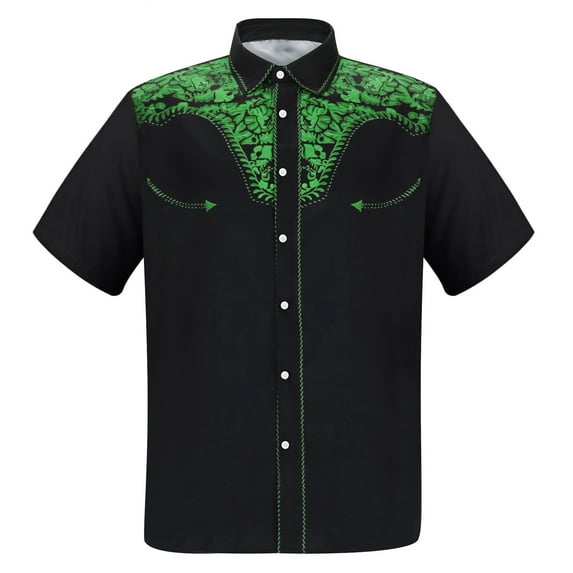 Hpapadks Men's Shirts Western Cowboy 3D Print Short Sleeve Button Down Lapel Business Blouses Loose Dress Shirts for Men Green M