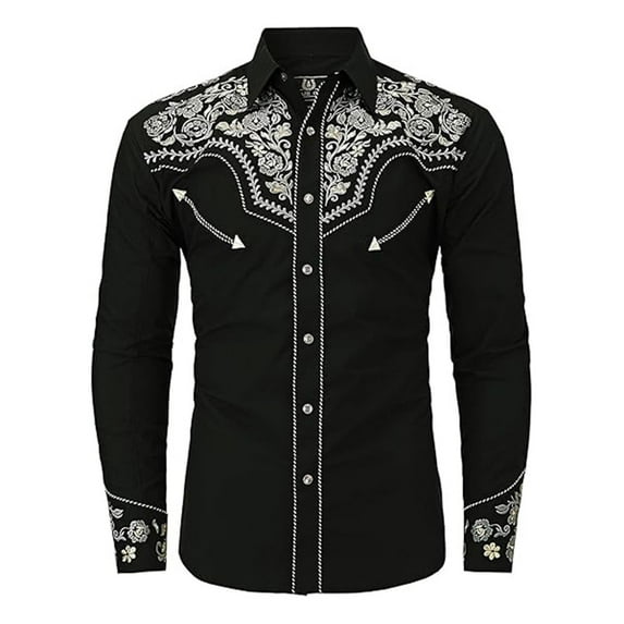 Hpapadks Men's Shirts Western Cowboy Embroidered Long Sleeve Button Down Lapel Business Blouses Slim Fit Men Dress Shirt Grey XL