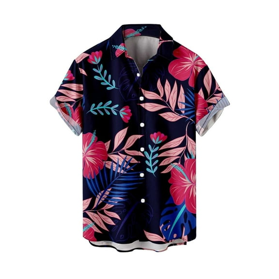 Hpapadks Mens Casual Shirts Beach Trend Leisure 3D Digital Print Blouses Short Sleeve Lapel Button Down Mens Dress Shirt Hot Pink XS