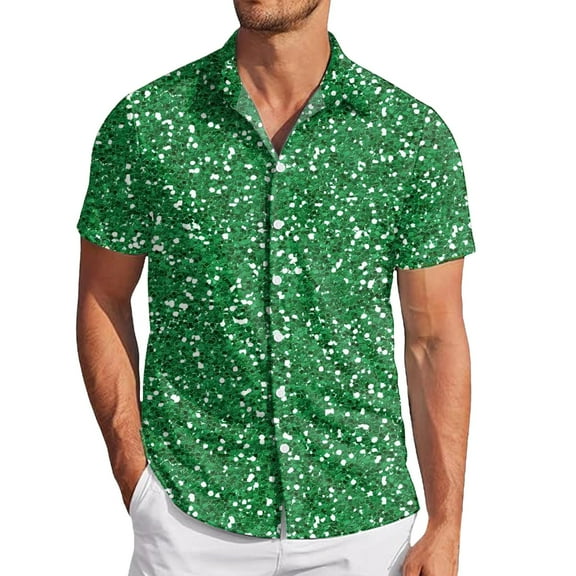 Hpapadks Mens Casual Shirts Carnival Sequin Digital 3D Print Short Sleeve Lapel Button Down Loose Tops Mens Dress Shirts Green XL