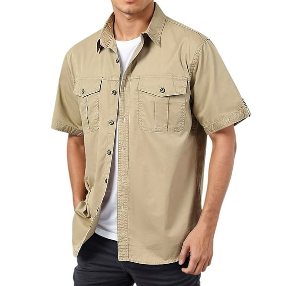 Hpapadks Mens Casual Shirts Casual Short Sleeve Button Down Lapel Cargo Blouses with Pockets Outdoor Loose Fit Dress Shirts for Men Khaki L