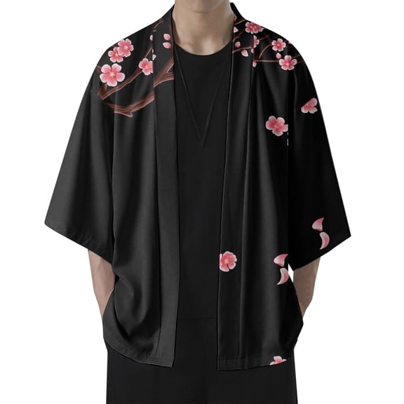 Hpapadks Mens Casual Shirts Cherry Flower Kimono Half Sleeve Blouses Elegant Loose Soft Cardigan Mens Dress Shirt Black L
