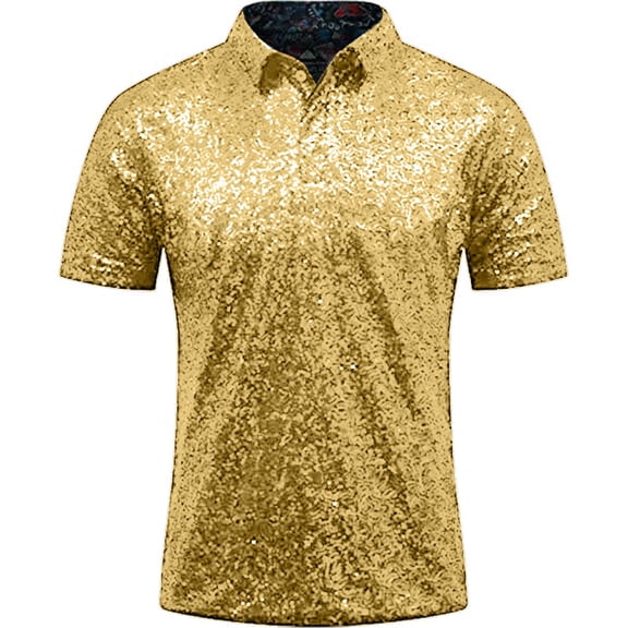 Hpapadks Mens Casual Shirts Short Sleeve Turndown Sparkles Sequins Tops Polo Disco Nightclub Party Blouses Relaxd Men Dress Shirt Gold L