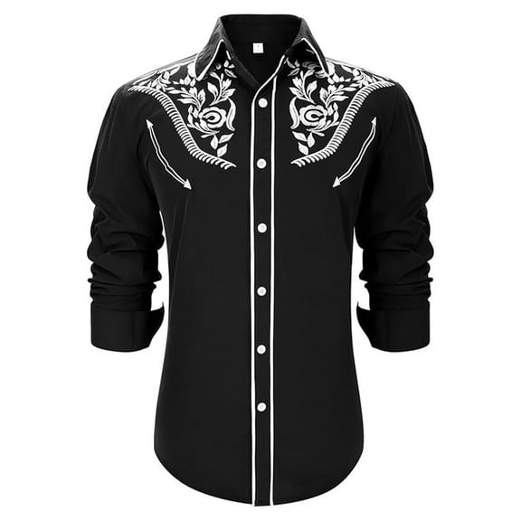 Hpapadks Mens Casual Shirts Western Cowboy Embroidered Long Sleeve Button Down Lapel Business Blouses Slim Fit Mens Dress Shirt Black XL