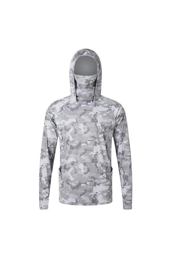 Mens Hoodie Sun Protection Camo Hoodies Pullover with Face Mask Lightweight Breathable Uv Blocking Outdoor Hiking Fishing Gear Mens Sweatshirts