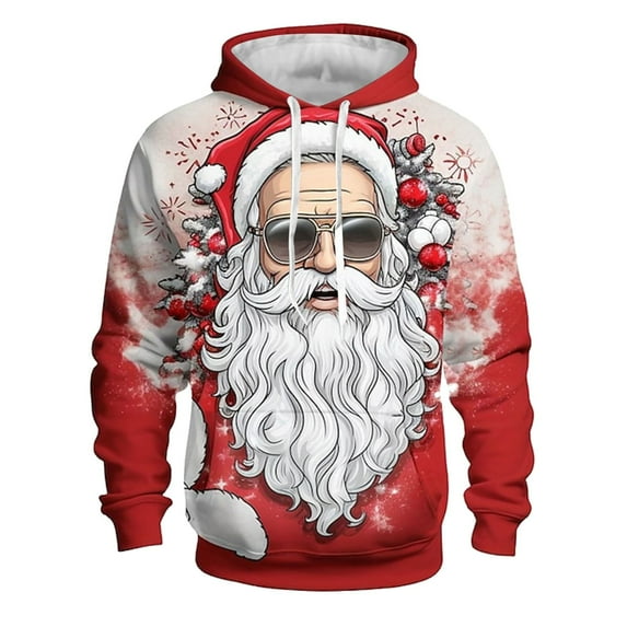 Hpapadks Mens Hoodies Christmas Cartoon 3D Santa Print Hoodies Pullover with Front Pocket Holiday Party Drawstring Hooded Sweatshirts for Men