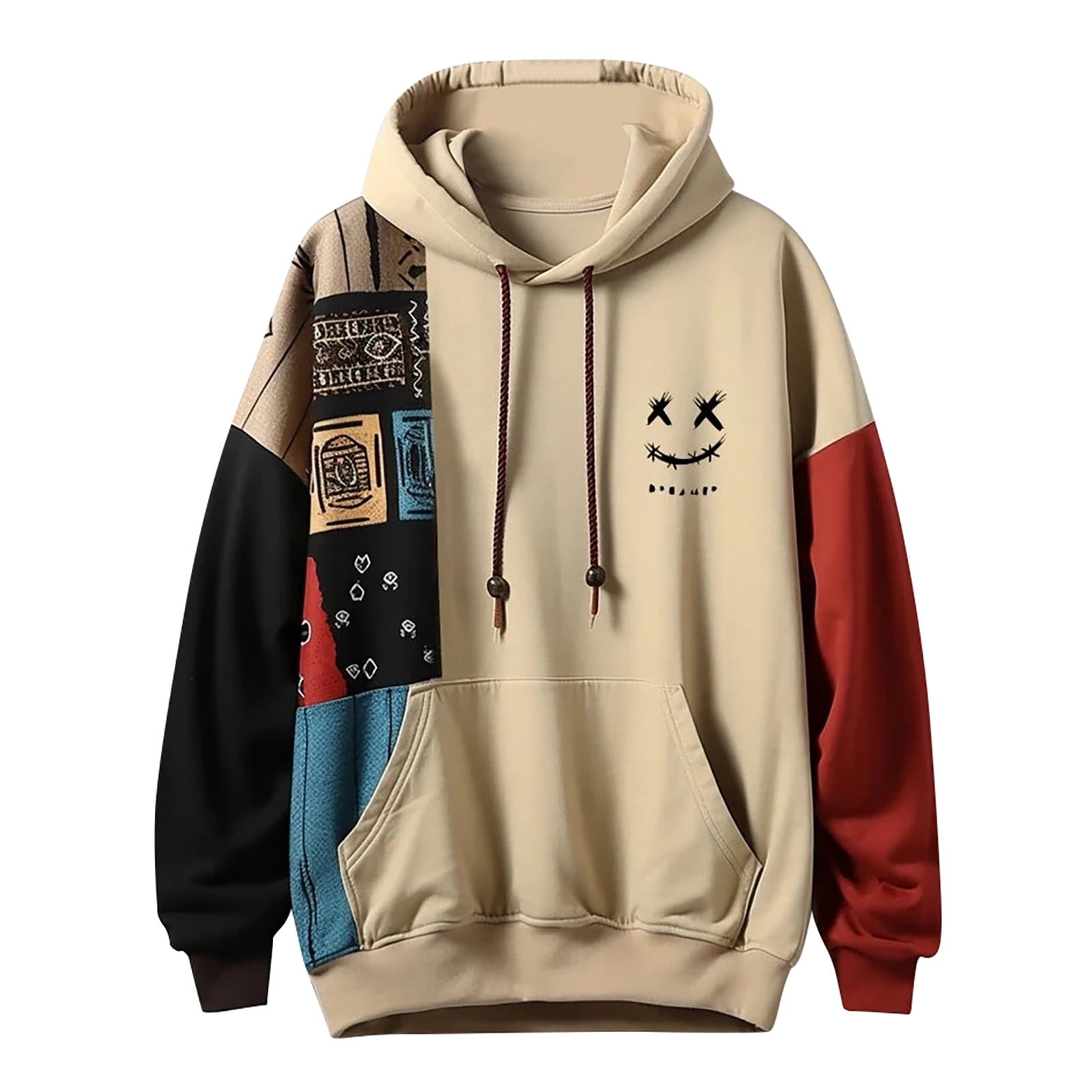 Hpapadks Mens Hoodies Vintage Patchwork Hoodies Pullover with Front Pocket Long Sleeve Drawstring Hooded Mens Sweatshirts