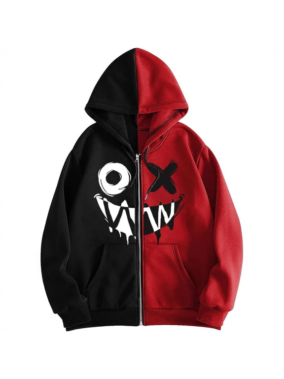 Mens Hoodies Zip Up Hoodies Pullover with Front Pocket Oversized Gothic Graphic Print Old Baggy Hooded Jacket Men's Sweatshirts
