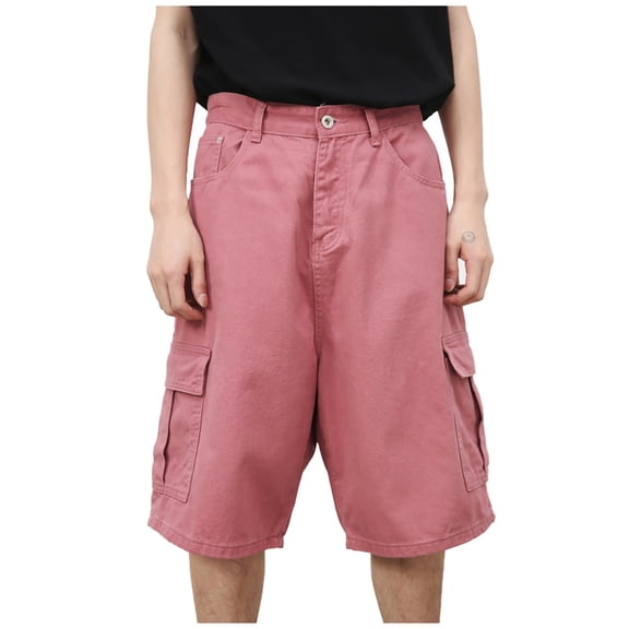 Hpapadks Mens Jeans Shorts Baggy Wide Leg Solid Knee Length Cargo Jeans Shorts Summer Casual Retro Men's Denim Shorts Pink S