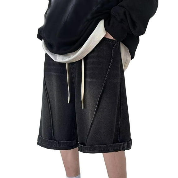 Hpapadks Mens Jeans Shorts Retro Elastic Waist Drawstring Loose Fit Wide Leg Knee Length Denim Bermuda Shorts with Pockets Men's Denim Shorts Black M