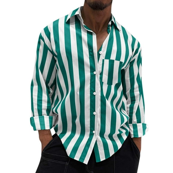 Hpapadks Mens Shirt Casual Fall Striped Print Lapel Long Sleeve Blouse with Pockets Loose Mens Dress Shirt Mint Green XL
