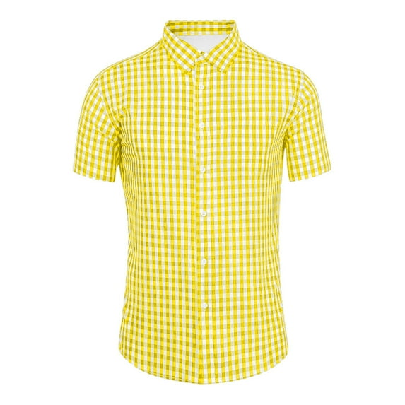 Hpapadks Mens Shirt Casual Short Sleeve Button Down Oktoberfest Plaid Lapel Blouses Loose Mens Dress Shirt Yellow L