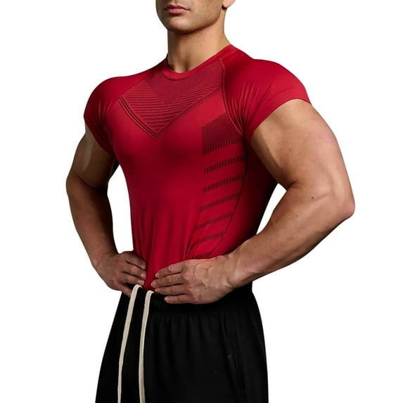 Hpapadks Mens Shirt Fitness Wear Crew Neck Trainer Sports High Stretch Tight Blouses Slim Fit Mens Dress Shirt Red XXXL