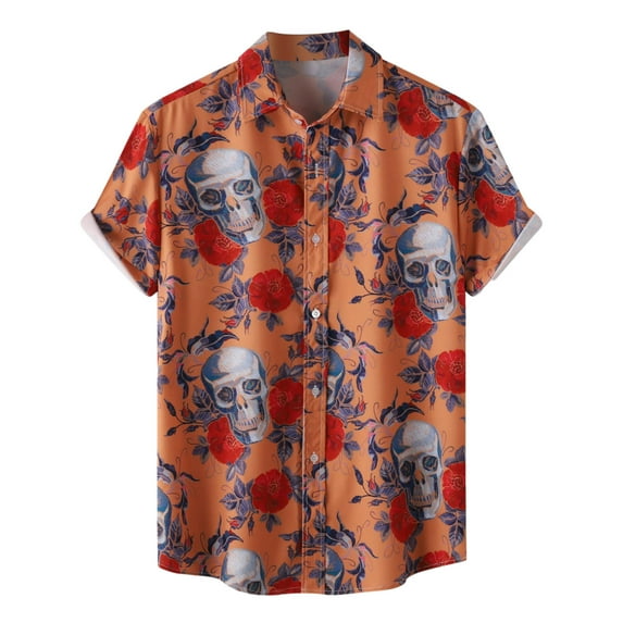Hpapadks Mens Shirt Halloween Short Sleeve Floral Print Tops Lapel Button Down Multicolor Blouses Men Dress Shirt Orange XXL