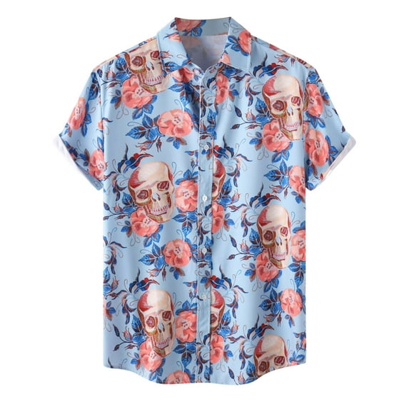 Hpapadks Mens Shirt Halloween Short Sleeve Floral Print Tops Lapel Button Down Multicolor Blouses Mens Dress Shirts Light Blue XL