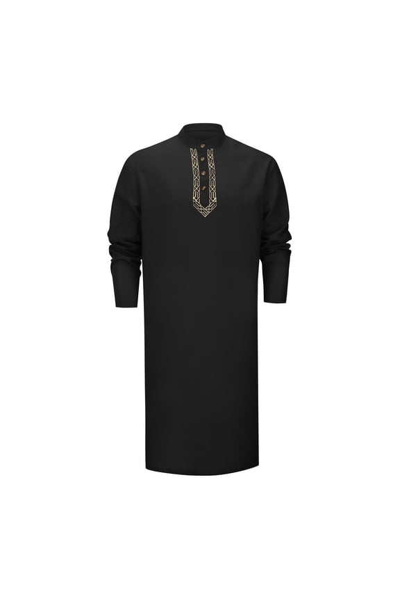 Mens Shirt Kaftan Button Down Long Sleeve Gown Abaya Solid Pullover Loose Mens Dress Shirts Black L