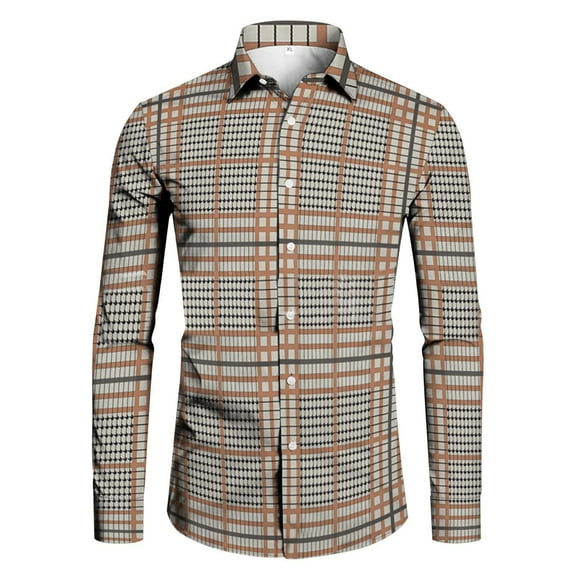 Hpapadks Mens Shirt Long Sleeve Plaid Print Lapel Slim Fit Tops Outdoor Dress Shirts for Men Khaki L