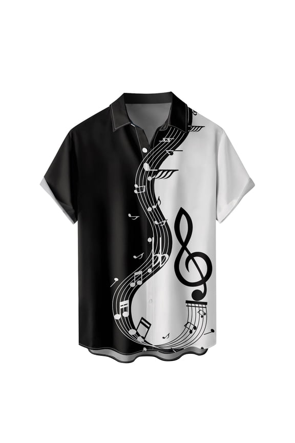 Mens Shirt Music Patchwork Print Short Sleeve Button Lapel Turn Down Blouses Loose Dress Shirts for Men Black XXL