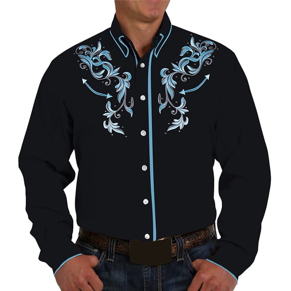 Hpapadks Mens Shirt Retro Western Denim Pattern Print Long Sleeve Button Down Lapel Business Blouses Loose Men Dress Shirt Black XXXL