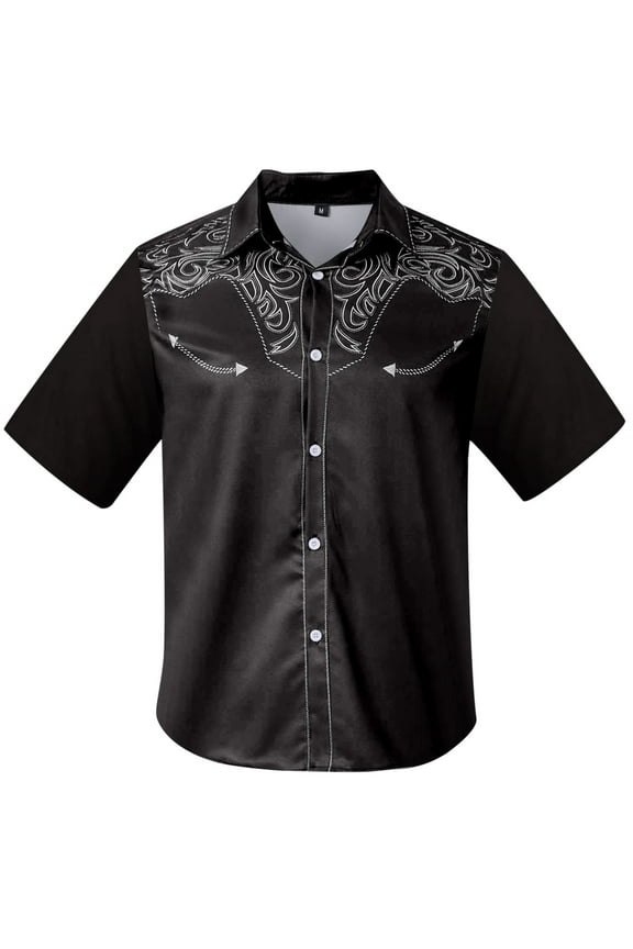 Mens Shirt Western Cowboy 3D Print Short Sleeve Button Down Lapel Business Blouses Loose Dress Shirts for Men Black XXXL