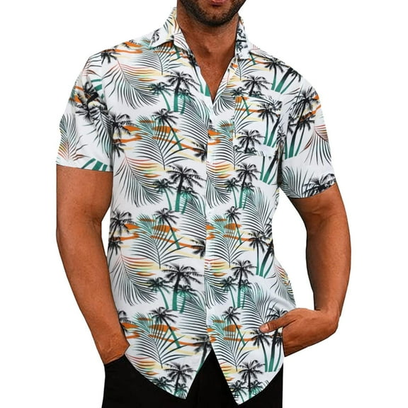 Hpapadks Mens Shirts Beach Hawaii Tropical Print Short Sleeve Lapel Button Down Blouses Mens Dress Shirts White XL