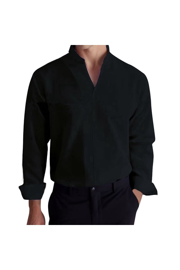 Mens Shirts Business Solid Lapel Button Down Blouses Long Sleeve Tops Men Dress Shirt Black L