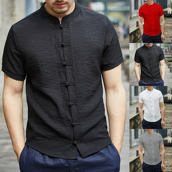 Mens Shirts Casual Chinese Tang Suit Short Sleeve Henley Collar Solid Linen Shirts Hawaiian Shirt for Men Grey L