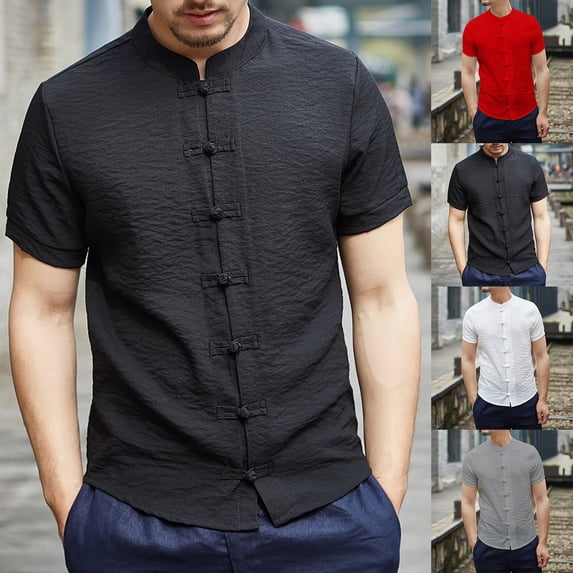 Mens Shirts Casual Chinese Tang Suit Short Sleeve Henley Collar Solid Linen Shirts Hawaiian Shirt for Men White L
