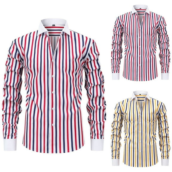 Mens Shirts Casual Formal Dress Striped Button Down Long Sleeve Lapel Business Blouses Slim Fit Casual Mens Hawaiian Shirt Red L