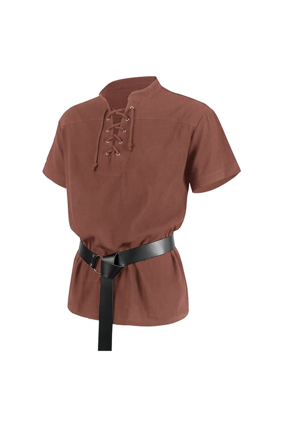 Mens Shirts Casual Halloween Bandage Short Sleeve Solid Blouses Gothic Dress Shirts for Men Coffee L