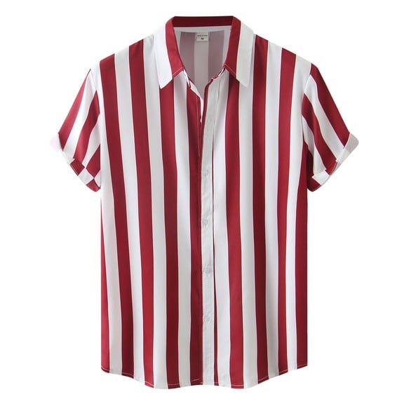 Hpapadks Mens Shirts Casual Hawaii Striped Print Short Sleeve Lapel Button Down Blouses Beach Mens Dress Shirt Red XXXL